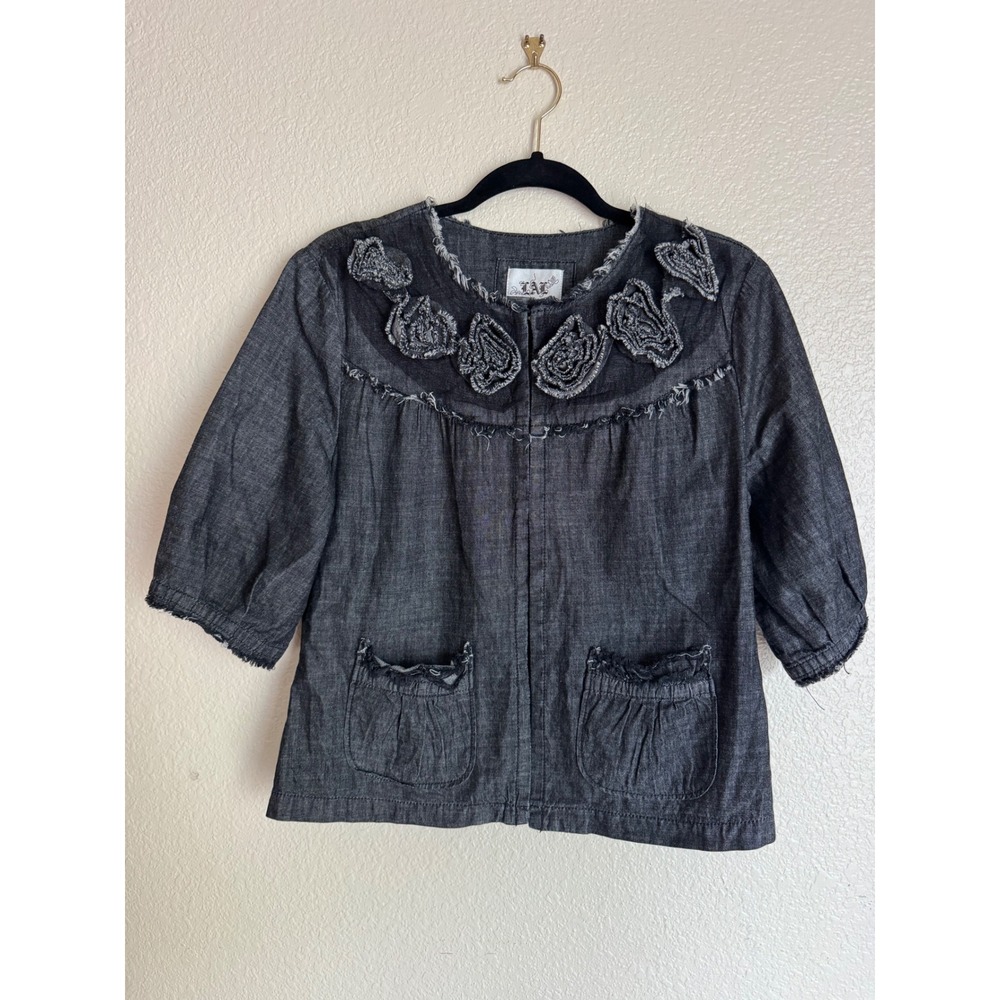 LAL Live a Little Black Rosette Jacket Large Raw Edge Boho Boutique